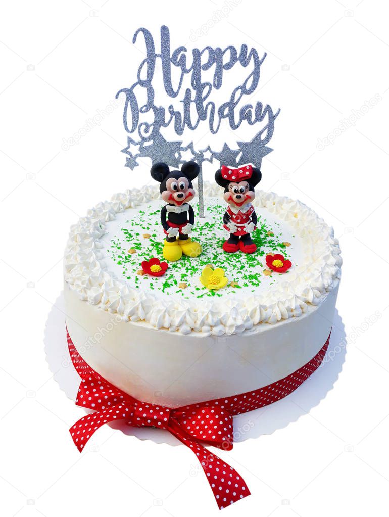 Cake with white cream and figurines from mastic