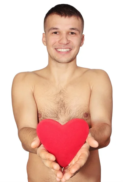 Young Naked Man Holds Red Heart — Stock Photo, Image