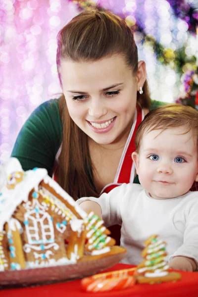 Mom Her Son Prepare Ginger House — Stock Photo, Image
