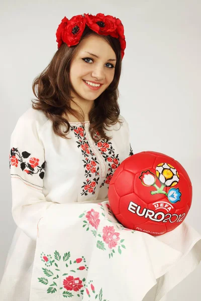 Ukrainian Holds Ball Logotype Euros 2012 — Stock Photo, Image