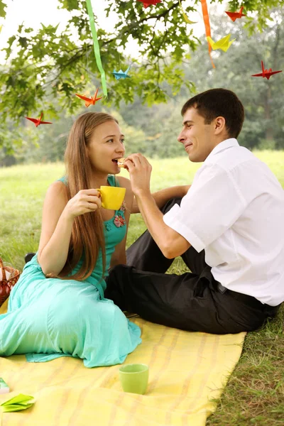 Uomo Che Nutre Una Donna Sotto Una Torta Alberi — Foto Stock