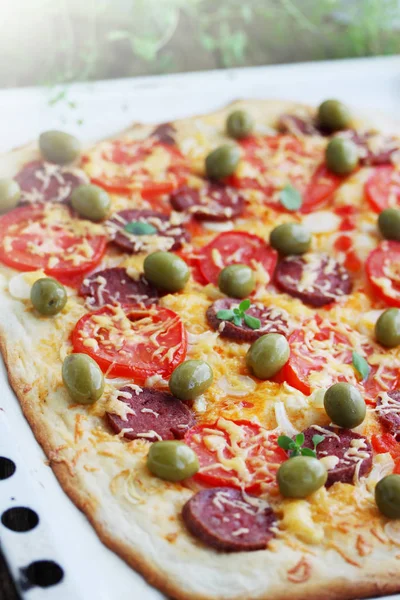 Homemade Pizza Sausage Olives Oregano — Stock Photo, Image