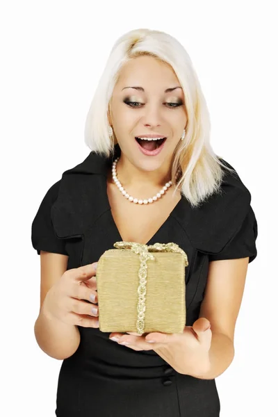 Schöne Glückliche Frau Mit Einem Geschenk Isoliert — Stockfoto