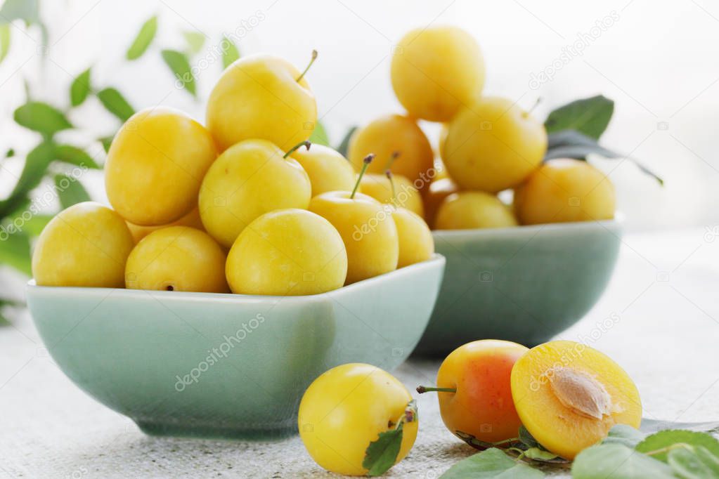 Fresh fragrant yellow plums, summer still life