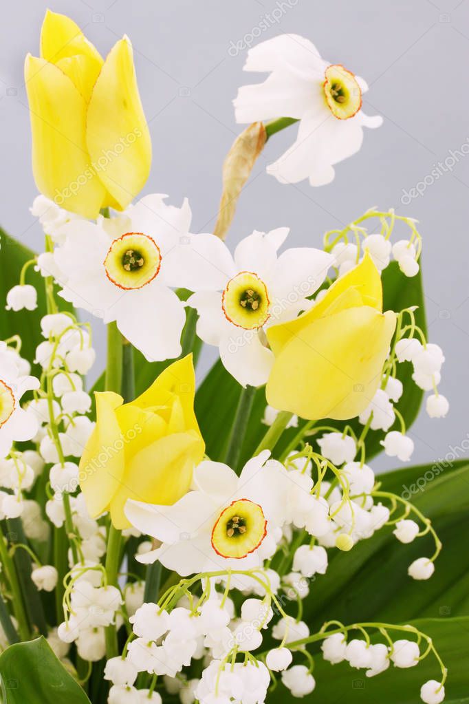 bouquet of spring flowers daffodils, tulips, lilies of the valley