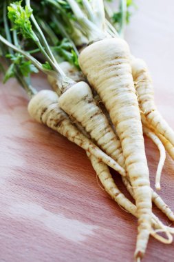 maydanoz kökü bir ahşap tahta üzerinde otlar ile