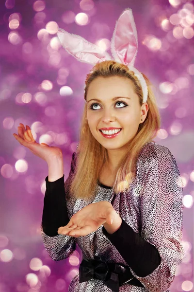 Blonde Woman Her Ears Easter Bunny — Stock Photo, Image