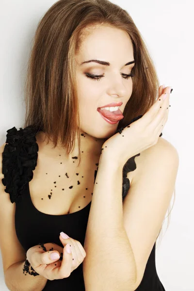 Beautiful Younger Woman Licking Tongue Caviar Hands — Stock Photo, Image