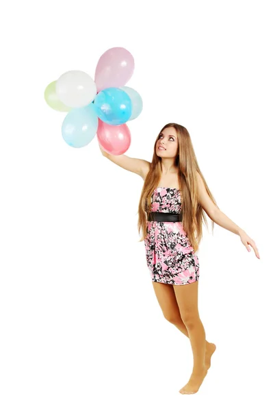 Mujer Volando Globos Aislada Blanco — Foto de Stock