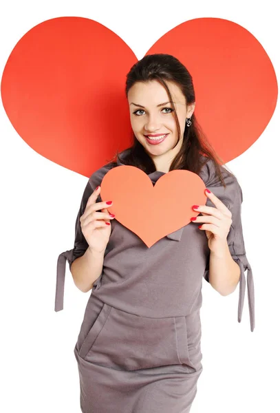 Beautiful Dark Haired Woman Heart His Hands — Stock Photo, Image
