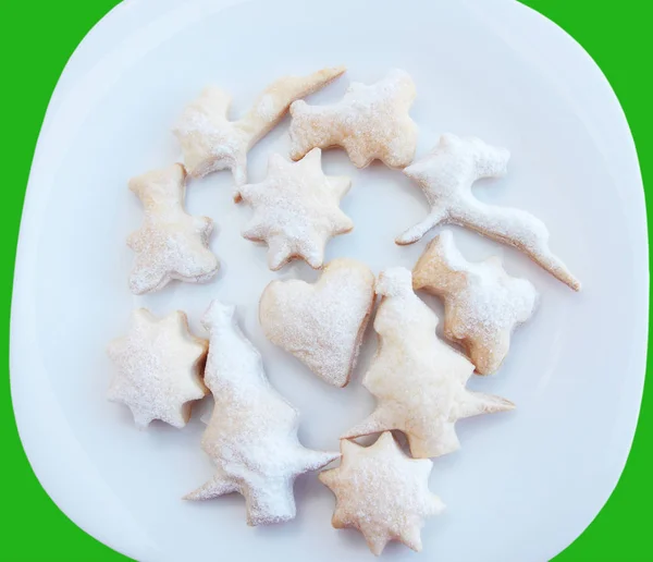 Vánoční Pečivo Moučkovým Cukrem Bílé Desce — Stock fotografie
