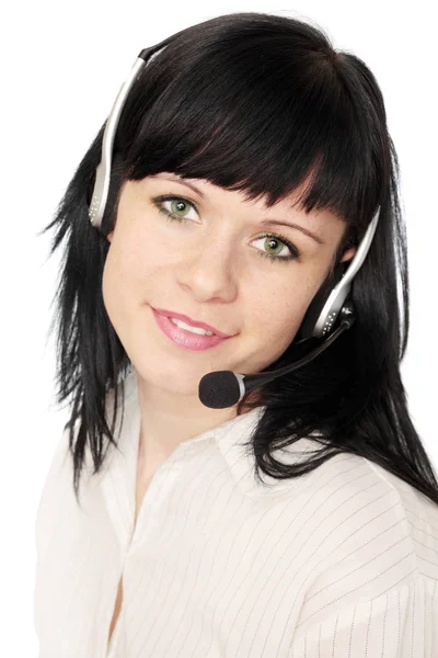 Frau Mit Telefon Headset Isoliert Auf Weiß — Stockfoto