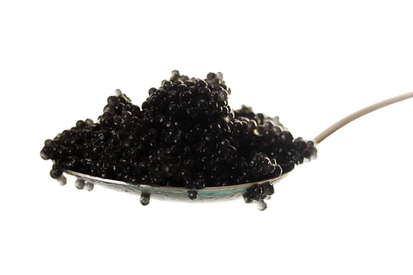 Caviar Preto Uma Colher Isolada Branco — Fotografia de Stock