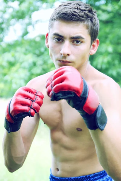 Kickboxer Luvas Vermelhas Envolvidas Natureza — Fotografia de Stock