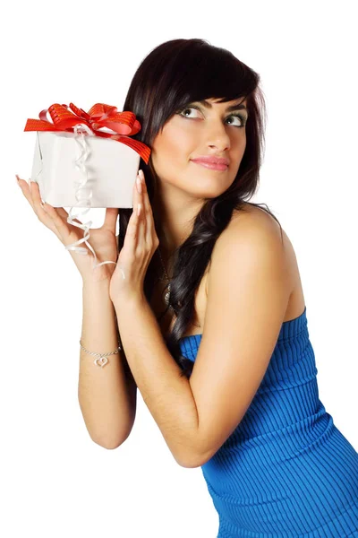 Beautiful Long Haired Woman Listens Gift Box — Stock Photo, Image