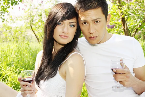 Jong Koppel Een Picknick Drinken Wijn — Stockfoto