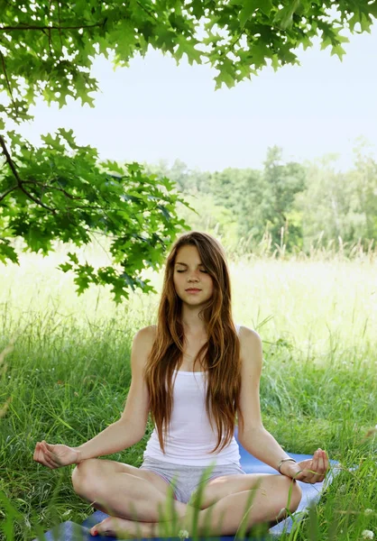 Young Beautiful Woman Practices Yoga Nature — Stock Photo, Image