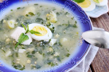 nettles, kuzukulağı ve haşlanmış yumurta ile yeşil borsch