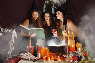 Witches look into the book of magical recipes clipart