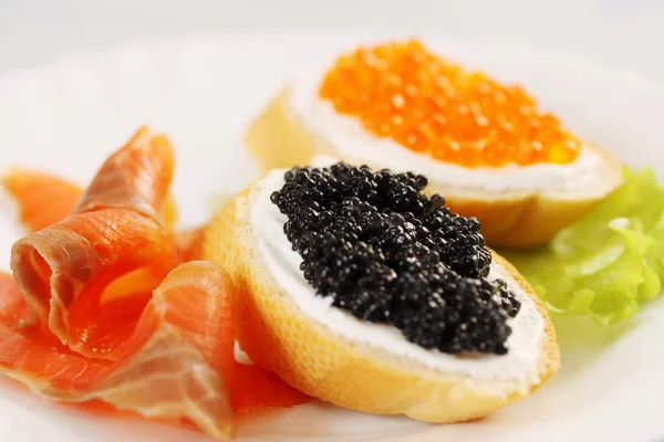 Sandwich Red Black Caviar Salmon — Stock Photo, Image