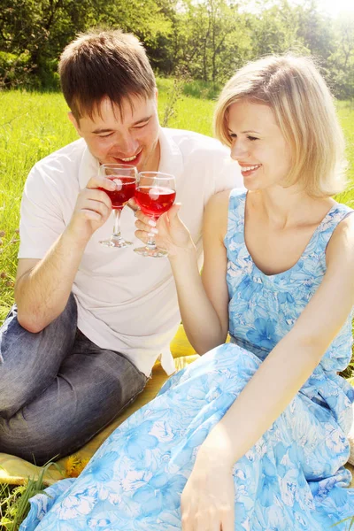 Portrait Young Couple Meadow Glasses Wine — Stock Photo, Image