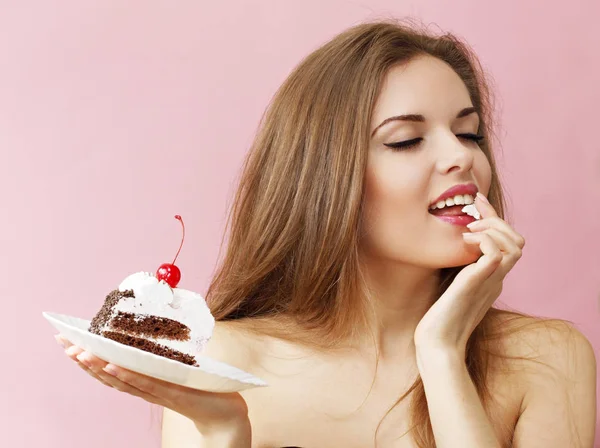 Beautiful Woman Holding Piece Chocolate Cake — Stock Photo, Image