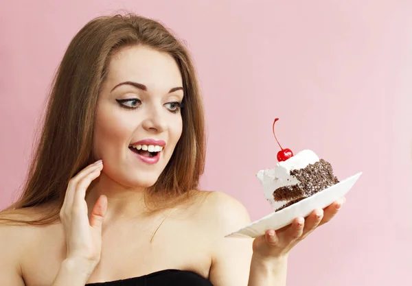 Beautiful Woman Holding Piece Chocolate Cake — Stock Photo, Image