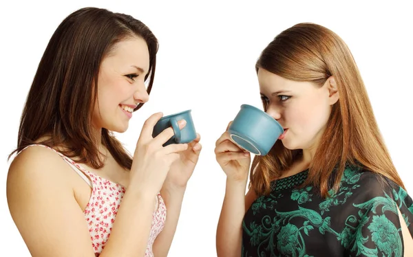Two Friends Talking Drinking Tea Laughing — Stock Photo, Image