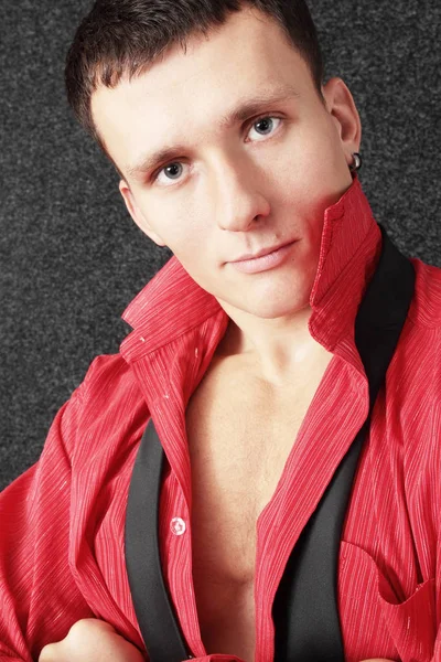 Beautiful Young Man Unbuttoned Red Shirt — Stock Photo, Image