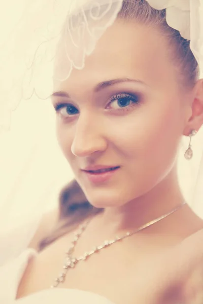 Portréja Egy Gyönyörű Menyasszony Zárt Fátyol Színezett — Stock Fotó