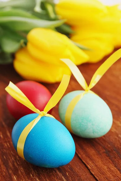 Passover Holiday Still Life Flowers Eggs Ribbon — Stock Photo, Image