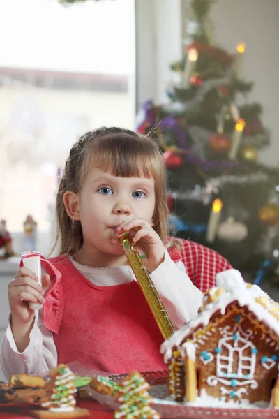 Little Beautiful Girl House Gingerbread Dough — Stock Photo, Image