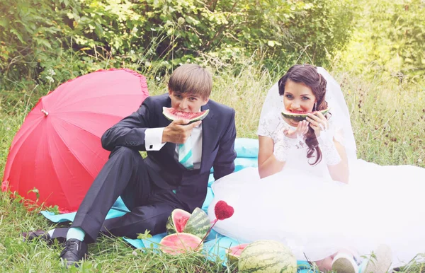 新娘和新郎在野餐时吃西瓜 — 图库照片