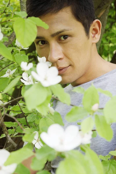 開花マルメロ ブッシュの横にある若い男 — ストック写真