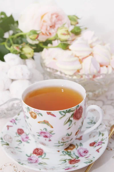 Весенний Натюрморт Утренний Чай Десертом — стоковое фото