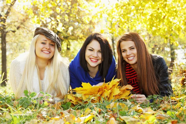 Drie Mooie Meisjes Liggen Gras Herfst Park — Stockfoto