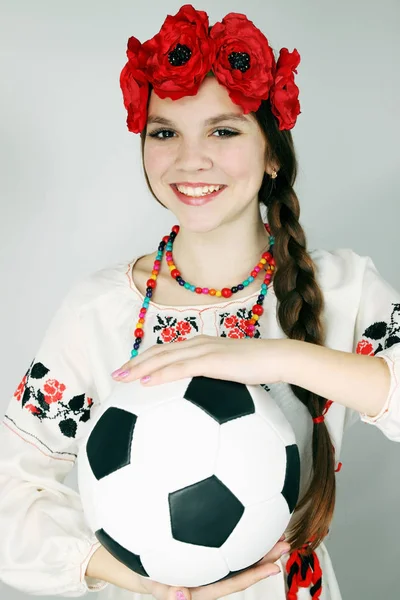 Woman Ukrainian Suit Holds Ball — Stock Photo, Image