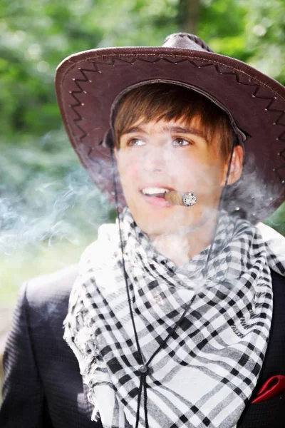 Young Handsome Guy Cigar Fuming — Stock Photo, Image