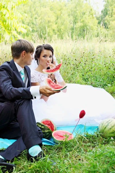 Жених Невеста Едят Арбуз Пикнике — стоковое фото