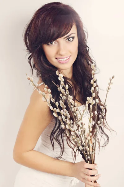 Long Haired Brunette Bouquet Blooming Willow — Stock Photo, Image