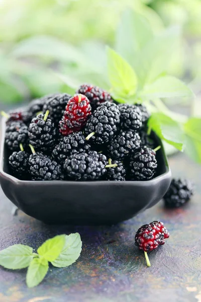 Ripe Black Mulberry Black Plate — Stock Photo, Image