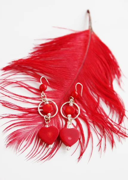 Earrings Silver Red Coral Shape Heart — Stock Photo, Image