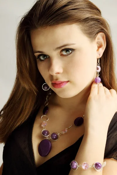 Woman Necklace Bracelet Earrings Amethyst — Stock Photo, Image