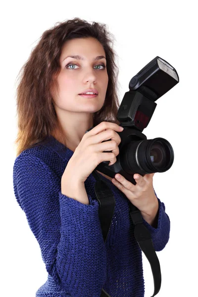 Donna Fotografa Possesso Una Fotocamera Con Flash — Foto Stock