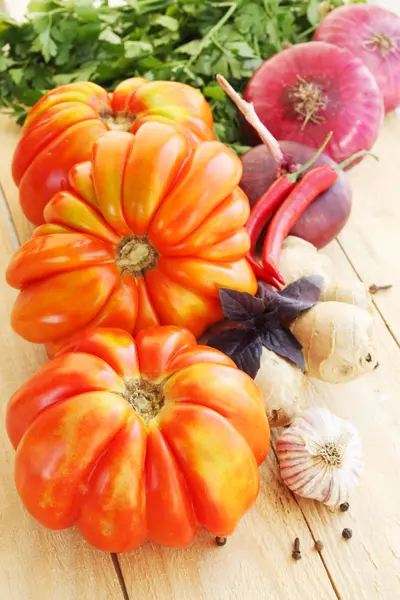 Amerykański Pomidory Prążkowane Przypraw Warzyw Martwa — Zdjęcie stockowe