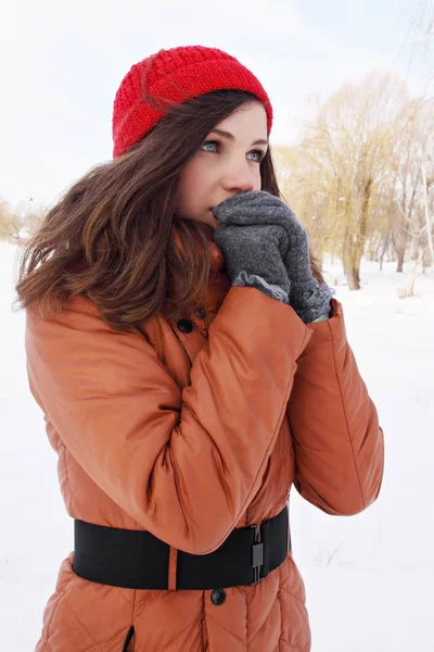 Mulher Frio Livre Aquecendo Suas Mãos Inverno — Fotografia de Stock