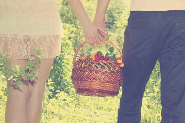 Young Couple Together Bear Fruit Basket Close — Stock Photo, Image