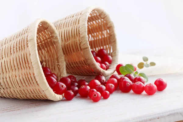 多汁成熟红莓分散从篮子里 — 图库照片