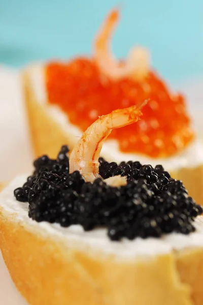 Sandwich Red Black Caviar Shrimp — Stock Photo, Image