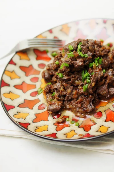 Stroganoff Hígado Pavo Con Cebollas Verdes Especias —  Fotos de Stock